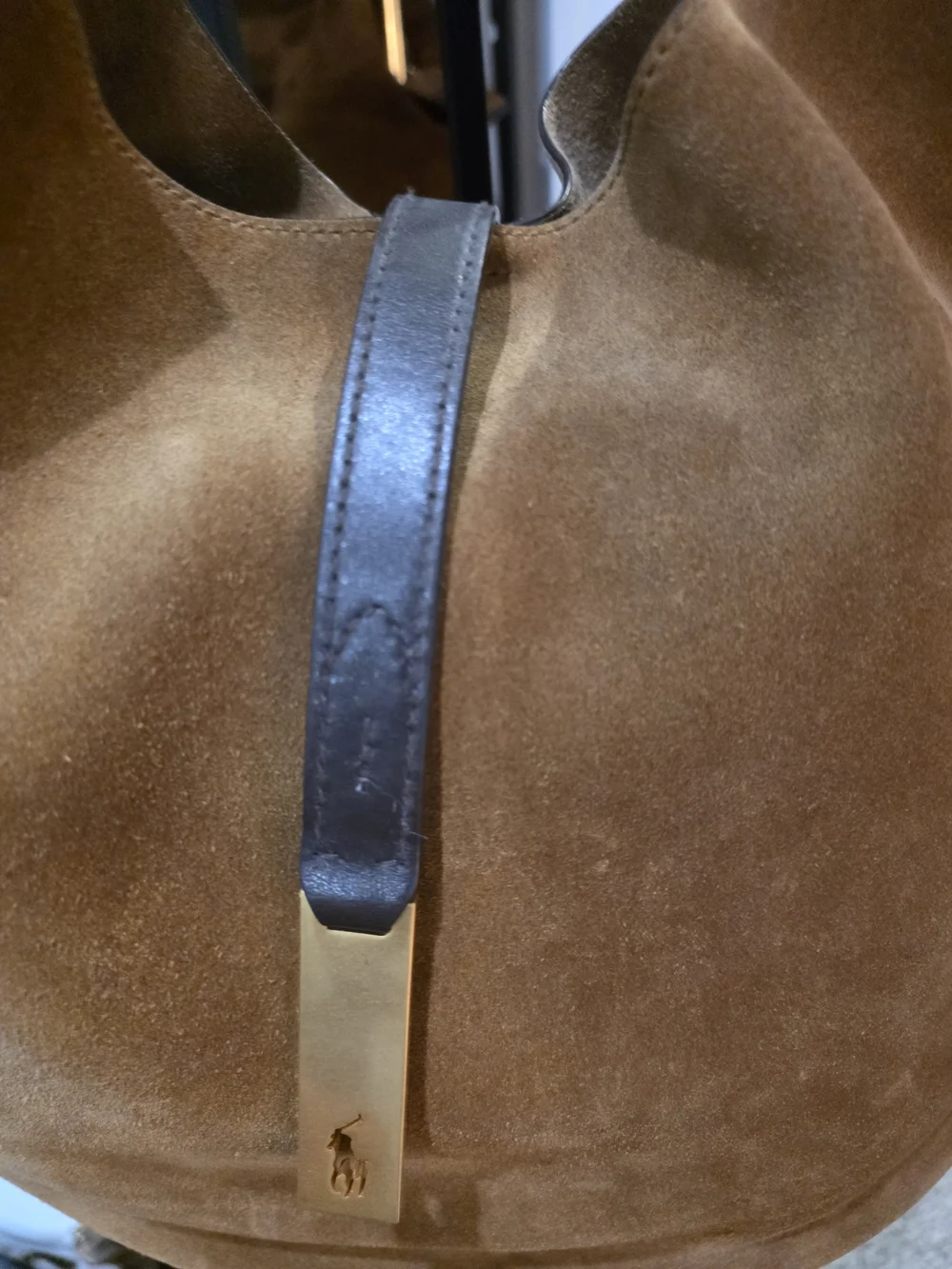 NWT Ralph Lauren Polo Large ID Brown Suede Shoulder Bag with Gold Accent